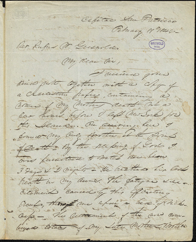 Horace Brooks, Cafétal San Patricio, Cuba, autograph letter signed to R. W. Griswold, 19 February 1846