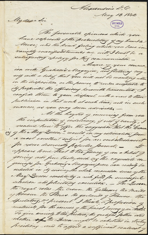Daniel Bryan, Alexandria, DC. (VA), autograph letter signed to Edgar Allan Poe, 13 May 1842