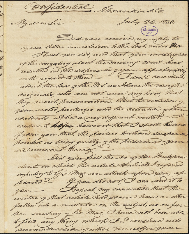 Daniel Bryan, Alexandria, DC. (VA), autograph letter signed to Edgar Allan Poe, 26 July 1842