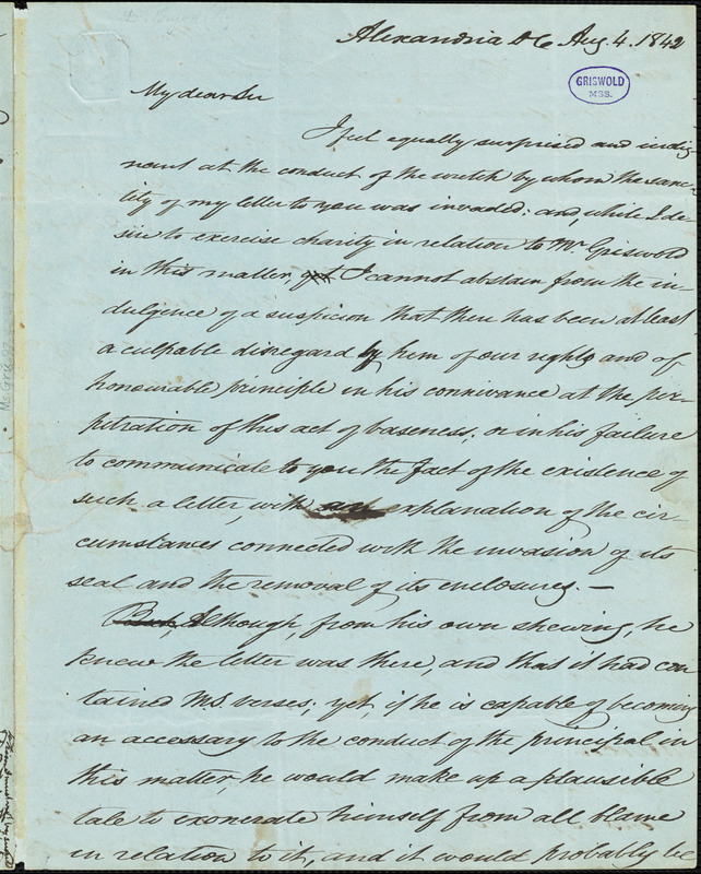 Daniel Bryan, Alexandria, DC. (VA), autograph letter signed to Edgar Allan Poe, 4 August 1842