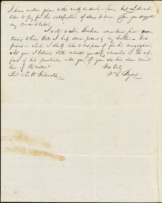 William Cullen Bryant, New York, autograph letter signed to R. W. Griswold, 16 August 1844
