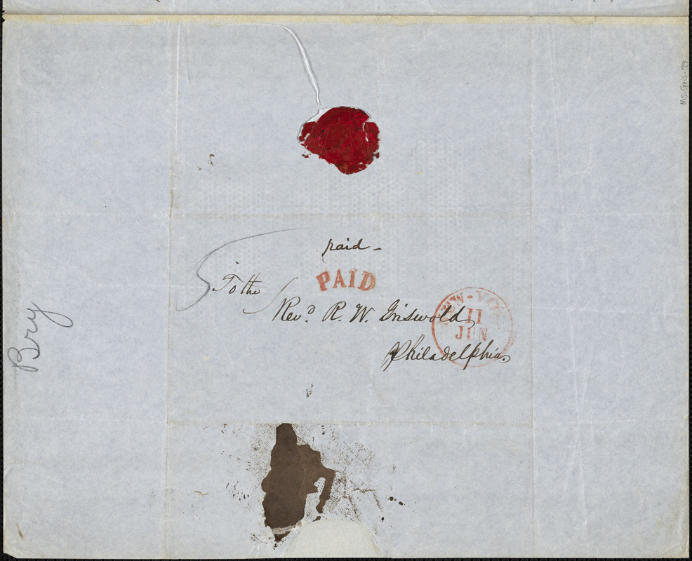 William Cullen Bryant, New York, autograph letter signed to R. W. Griswold, 10 June 1846