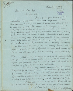 William Evans Burton, Philadelphia, PA., autograph letter signed to Edgar Allan Poe, 10 May 1839