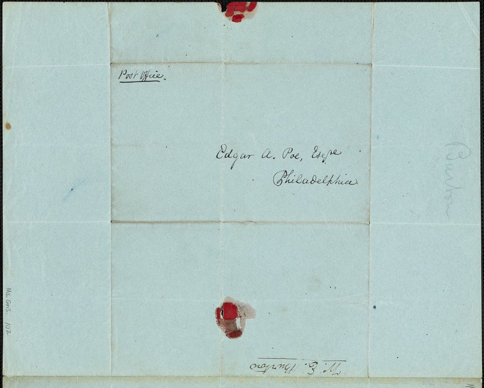 William Evans Burton, Philadelphia, PA., autograph letter signed to Edgar Allan Poe, 10 May 1839