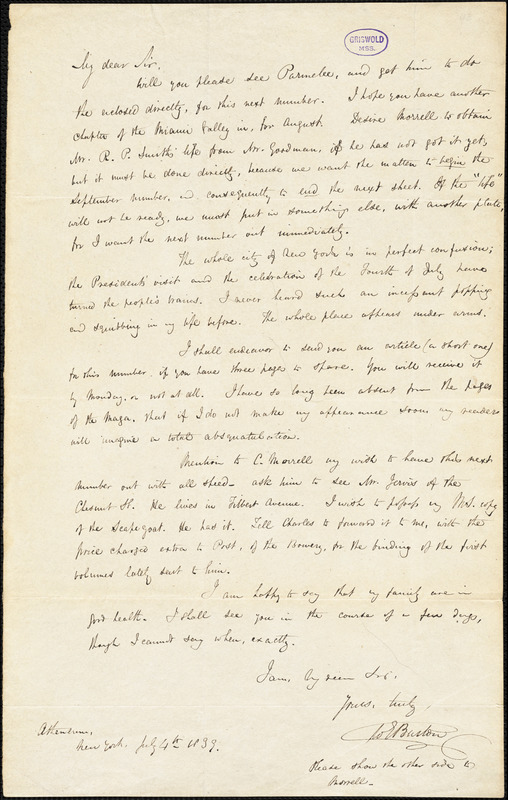 William Evans Burton autograph letter signed to [Edgar Allan Poe?], 4 July 1839