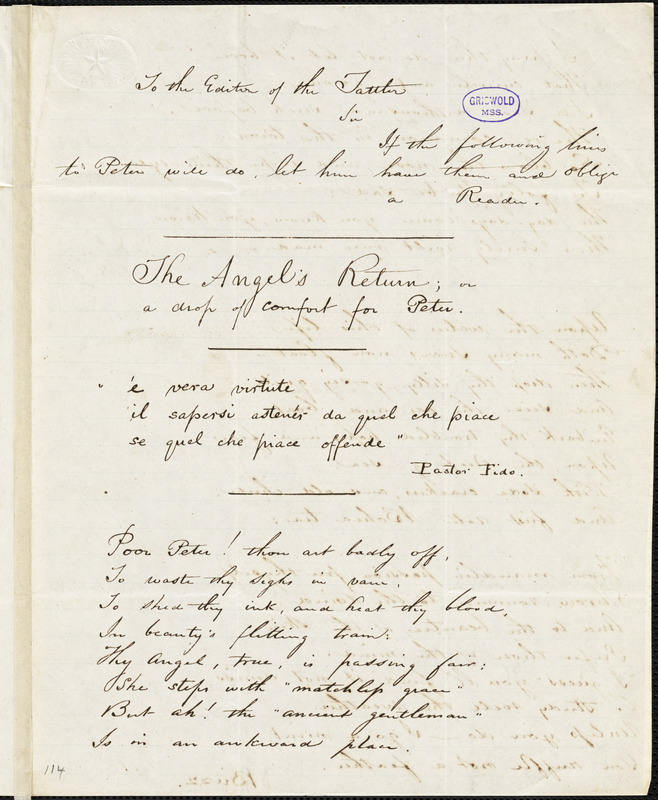 Buzz (pseudonym), manuscript poem: "The Angel's Return or a drop of comfort for Peter."