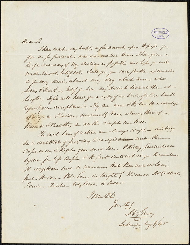Henry Charles Carey autograph letter signed to [R.W. Griswold], 9 August 1845