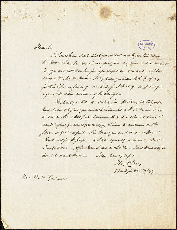 Henry Charles Carey, Burlington, NJ., autograph letter signed to R. W. Griswold, 31 October 1849