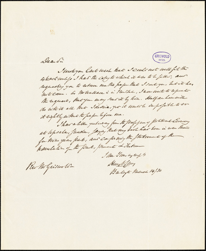 Henry Charles Carey, Burlington, NJ., autograph letter signed to R. W. Griswold, 14 March 1850