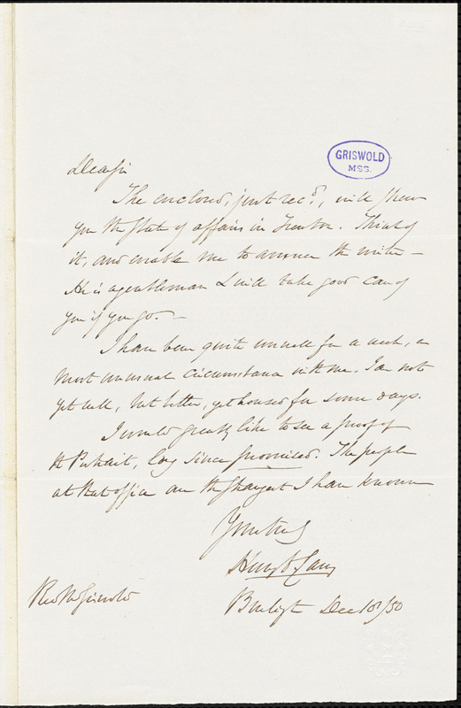 Henry Charles Carey, Burlington, NJ., autograph letter signed to R. W. Griswold, 18 December 1850