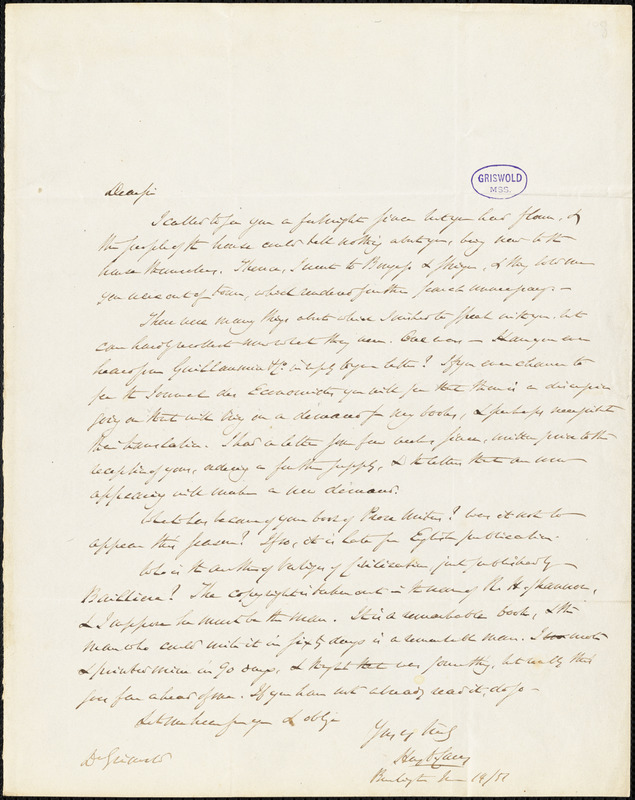 Henry Charles Carey, Burlington, NJ., autograph letter signed to R. W. Griswold, 14 June 1851