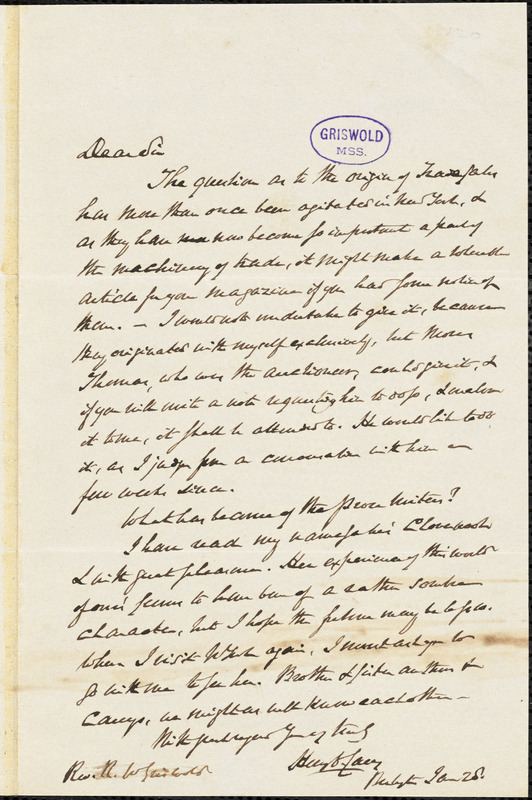 Henry Charles Carey, Burlington, NJ., autograph letter signed to R. W. Griswold, 28 January [1852?]