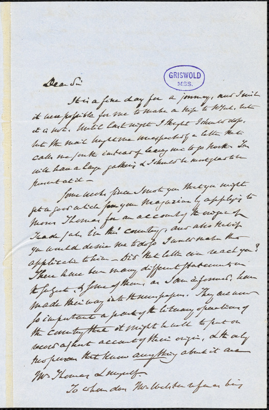 Henry Charles Carey, Burlington, NJ., autograph letter signed to R. W. Griswold, 25 February 1852
