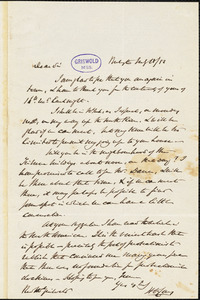 Henry Charles Carey, Burlington, NJ., autograph letter signed to R. W. Griswold, 18 May 1852