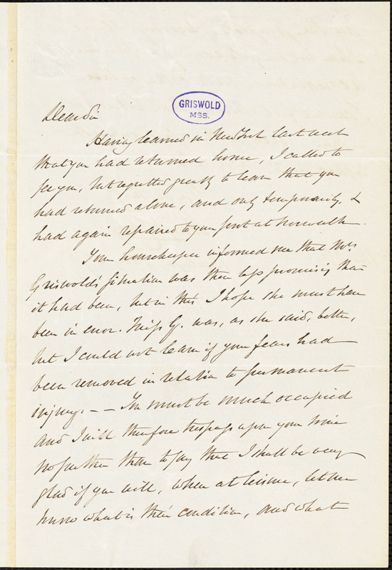 Henry Charles Carey, Burlington, NJ., autograph letter signed to R. W. Griswold, 30 May 1853