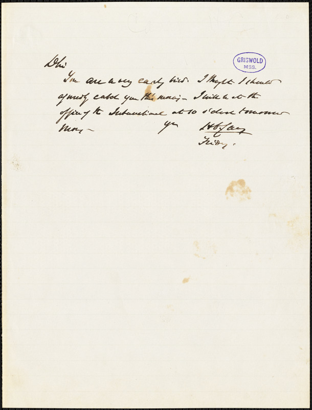 Henry Charles Carey, Friday, autograph letter signed to R. W. Griswold