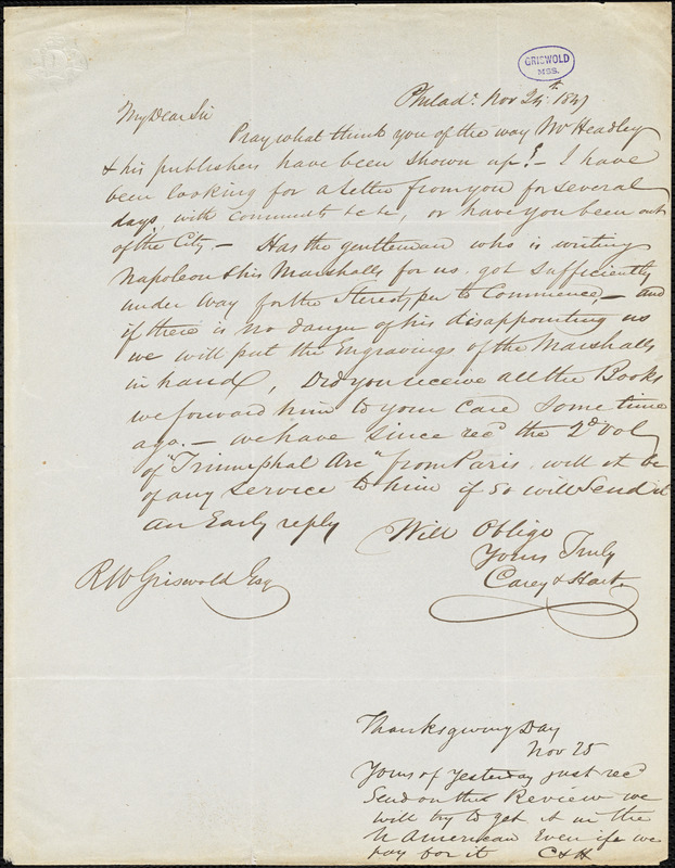 Carey and Hart, Phildadelphia, PA., autograph letter signed to R.W. Griswold, 24 November 1847