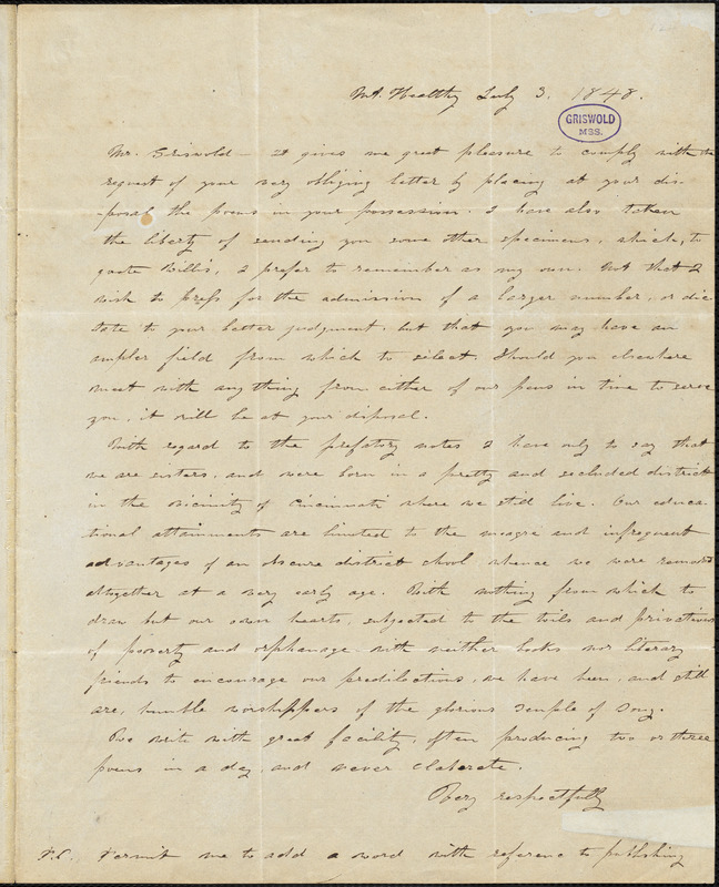 Alice Cary, Mt. Healthy, OH., autograph letter signed to R. W. Griswold, 3 July 1848