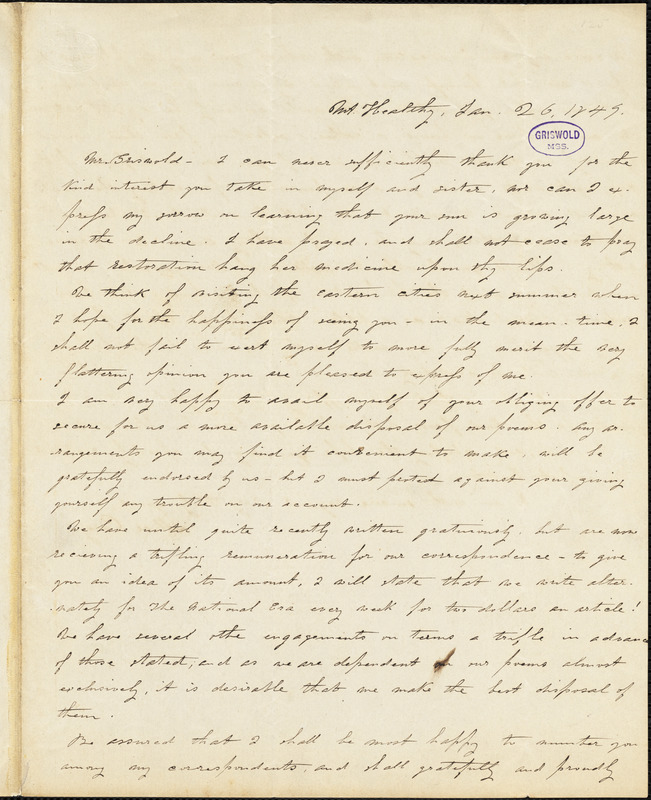 Alice Cary, Mt. Healthy, OH., autograph letter signed to R. W. Griswold, 26 January 1849