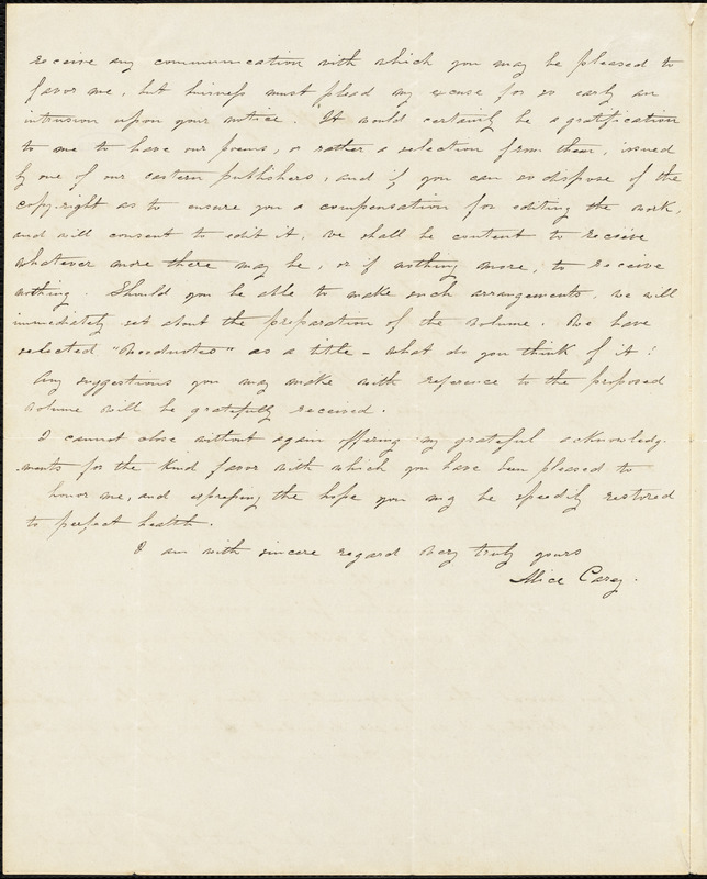 Alice Cary, Mt. Healthy, OH., autograph letter signed to R. W. Griswold, 26 January 1849