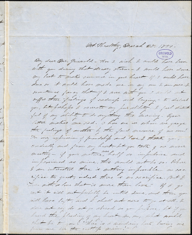 Alice Cary, Mt. Healthy, OH., autograph letter signed to R. W. Griswold, 25 March 1850