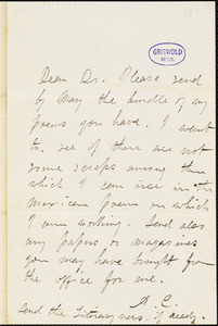 Alice Cary autograph letter signed to R. W. Griswold, [1854-1855?]