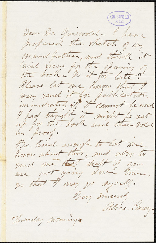 Alice Cary, Thursday morning, autograph letter signed to R. W. Griswold, [1851-1852?]
