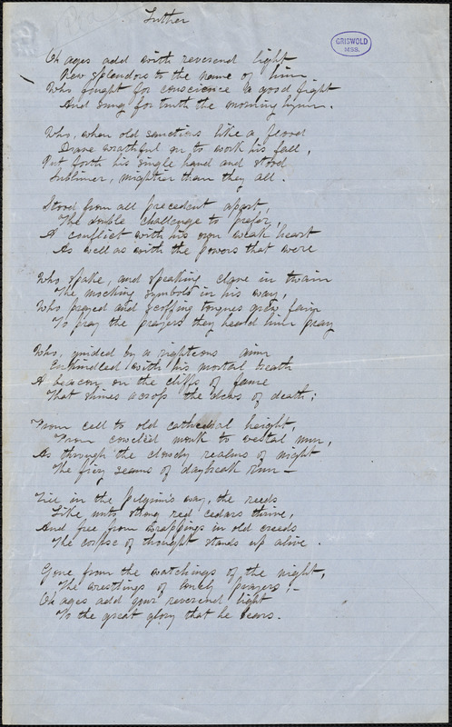 Alice Cary manuscript poem: "Luther."