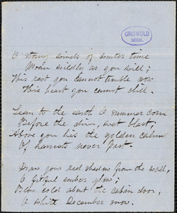 Alice Cary manuscript poem: "O stormy winds of winter time."