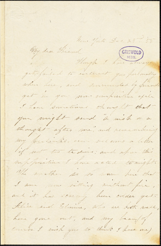 Phoebe Cary, New York, to R. W. Griswold, 23 December 1855