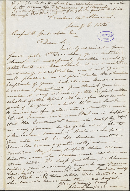 John Chapman, London., autograph letter signed to R. W. Griswold, 6 January 1852