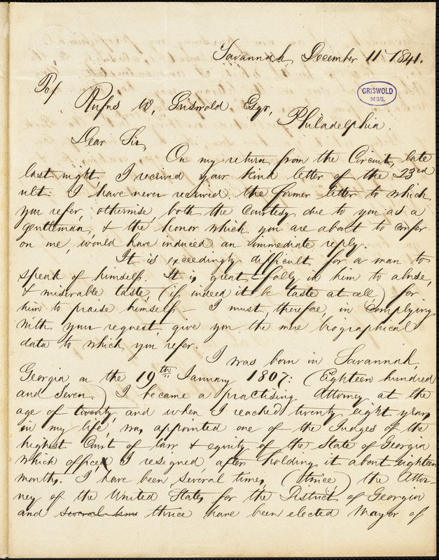 Robert M. Charlton, Savannah, GA., autograph letter signed to R. W. Griswold, 11 December 1841