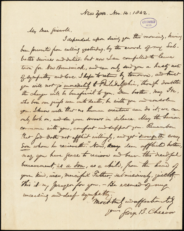 George Barrell Cheever, New York, autograph letter signed to R. W. Griswold, 14 November 1842