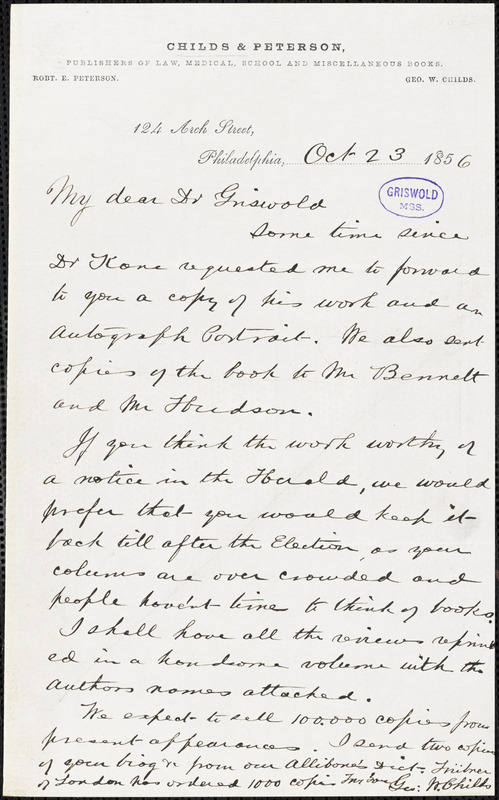 George William Childs, Philadelphia, PA., autograph letter signed to R. W. Griswold, 23 October 1856