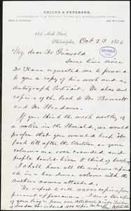 George William Childs, Philadelphia, PA., autograph letter signed to R. W. Griswold, 23 October 1856
