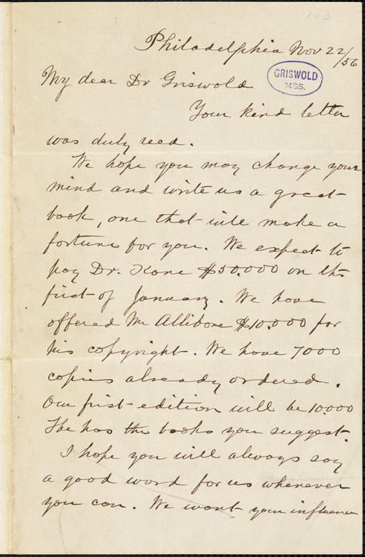George William Childs, Philadelphia, PA., autograph letter signed to R. W. Griswold, 22 November 1856