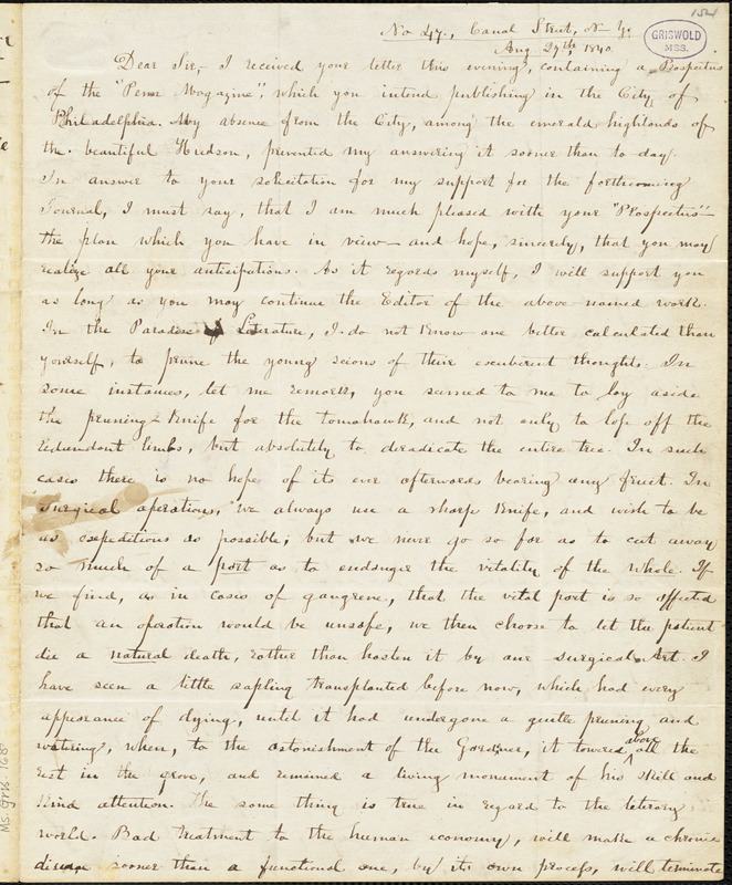 Thomas Holley Chivers, New York, autograph letter signed to Edgar Allan Poe, 27 August 1840