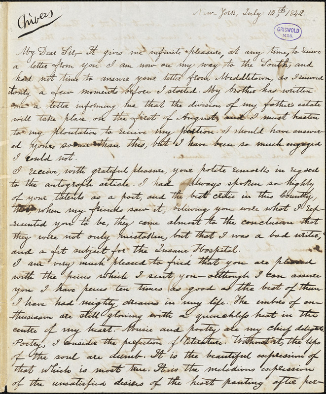 Thomas Holley Chivers, New York, autograph letter signed to Edgar Allan Poe, 12 July 1842