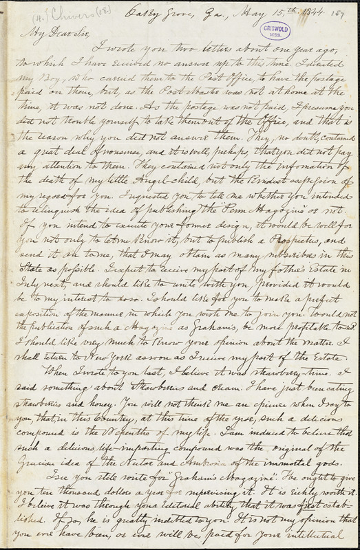 Thomas Holley Chivers, Oaky Grove, GA., autograph letter signed to Edgar Allan Poe, 15 May 1844