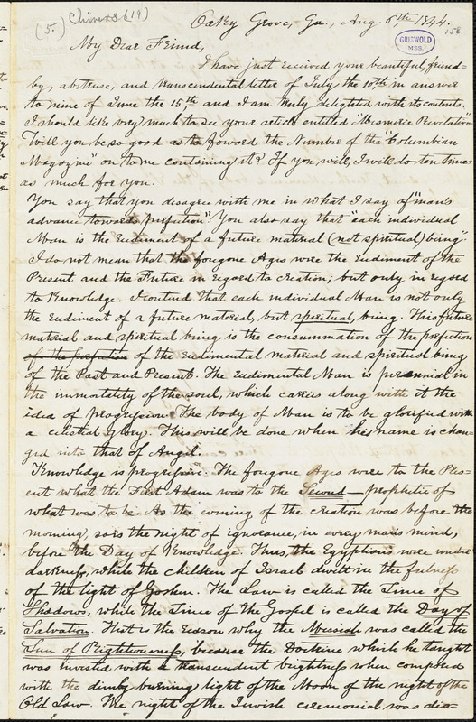 Thomas Holley Chivers, Oaky Grove, GA., autograph letter signed to Edgar Allan Poe, 6 August 1844