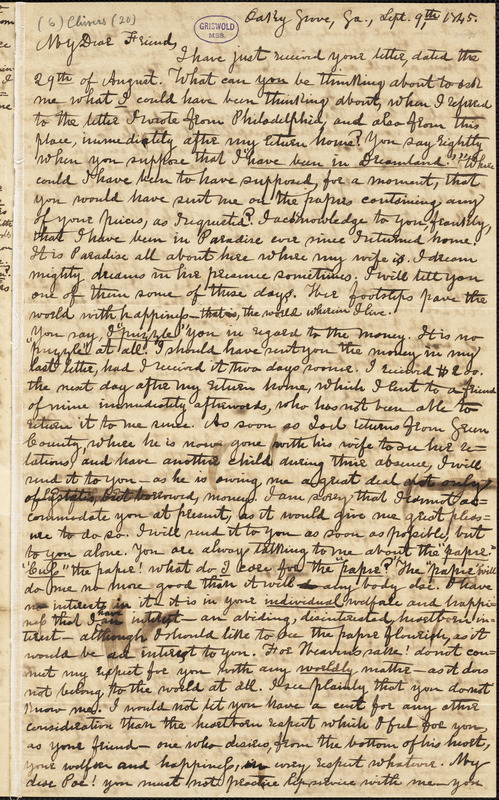 Thomas Holley Chivers, Oaky Grove, GA., autograph letter signed to Edgar Allan Poe, 9 September 1845