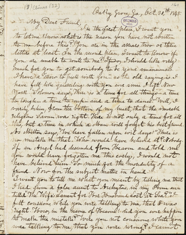 Thomas Holley Chivers, Oaky Grove, GA., autograph letter signed to Edgar Allan Poe, 30 October 1845