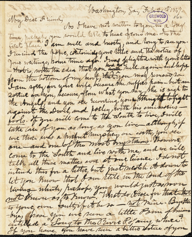 Thomas Holley Chivers, Washington, GA., autograph letter signed to Edgar Allan Poe, 21 February 1847