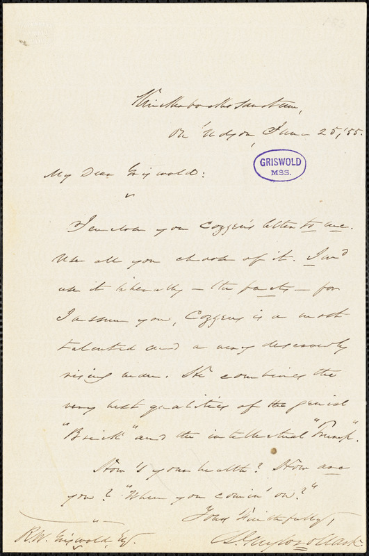 Lewis Gaylord Clark, Knickerbocker Sanctum., autograph letter signed to R. W. Griswold, 25 June 1855