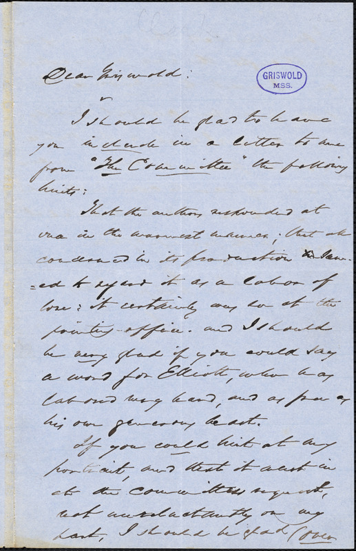 Lewis Gaylord Clark autograph letter signed to R. W. Griswold, [1855?]
