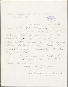 James Freeman Clarke autograph letter signed to R. W. Griswold