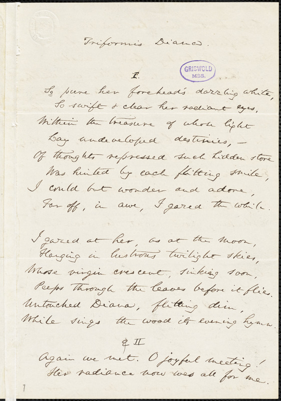 James Freeman Clarke manuscript poem: "Triformis Diana."