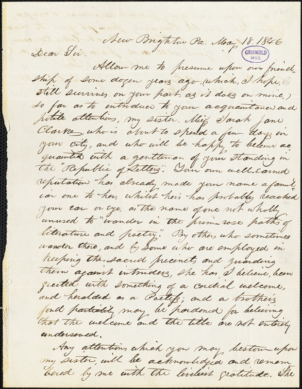 John Badger Clarke, New Brighton, PA., autograph letter signed to R. W. Griswold, 18 May 1846