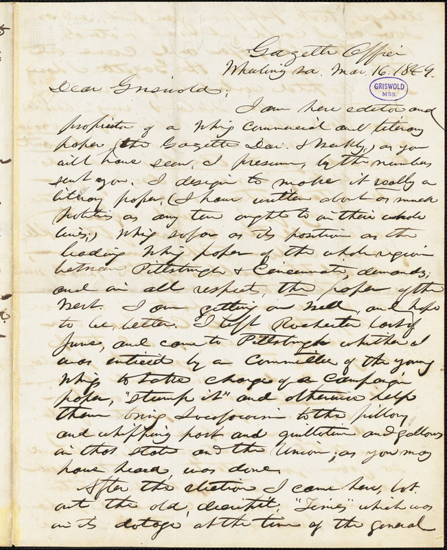 John Badger Clarke, Wheeling, VA., autograph letter signed to R. W. Griswold, 16 March 1849