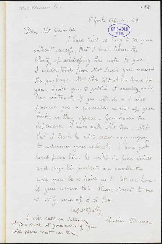 Maria (Poe) Clemm, New York, autograph letter signed to R. W. Griswold, 4 September 1849
